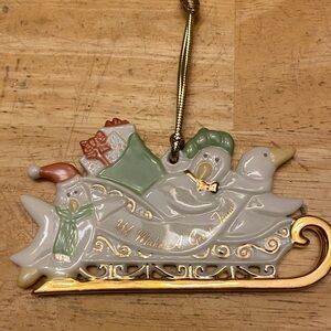 Lenox Holiday Sleigh Ornament with Penguins -says We make a great team